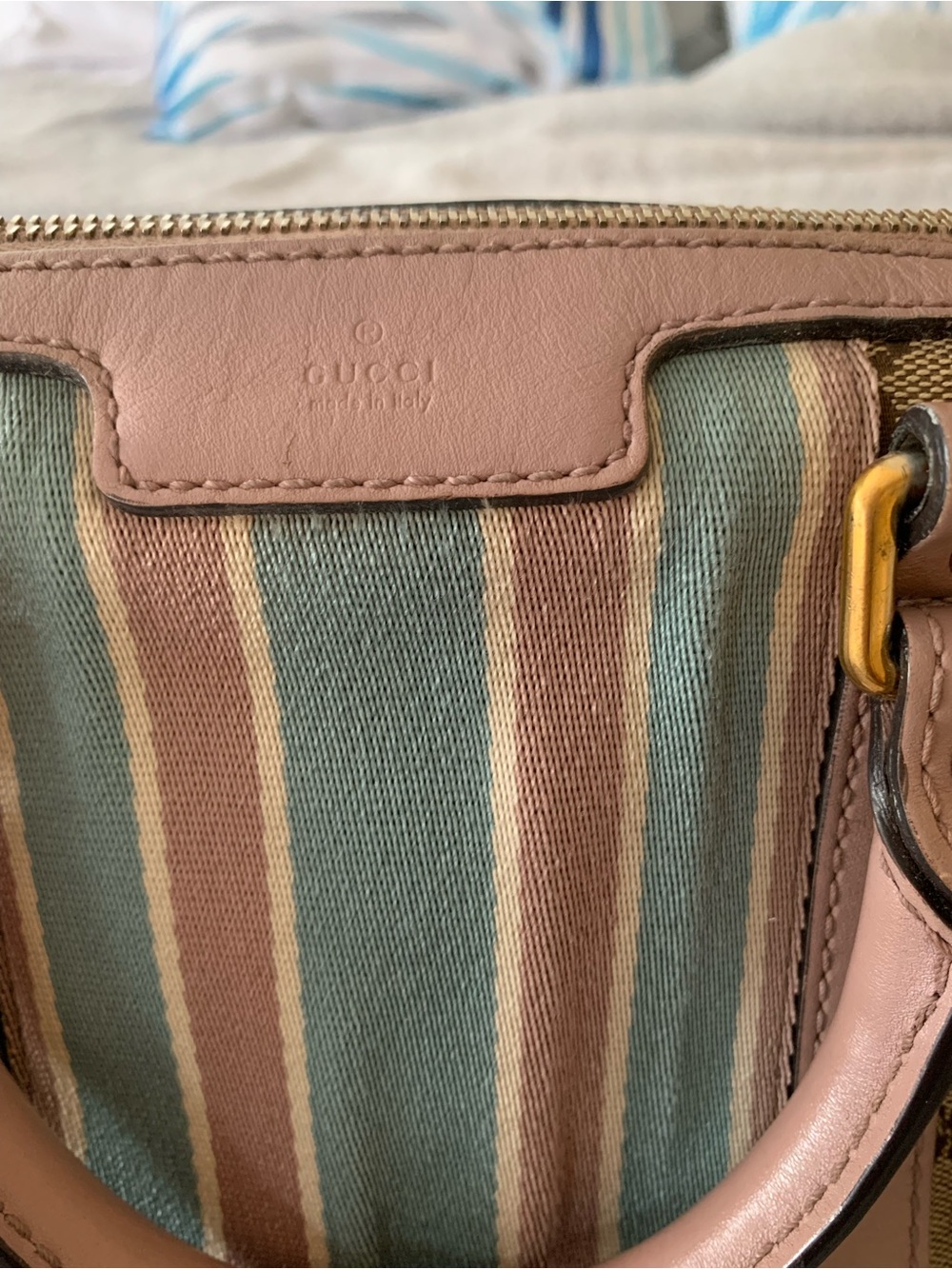Gucci Pink Trim GG Canvas Satchel with Blue and Cream Stripes - Picture 4 of 6